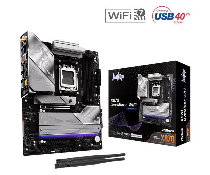 ASRock X670 LiveMixer WiFi motherboard with box, featuring WiFi 6E and USB4 40Gbps support.