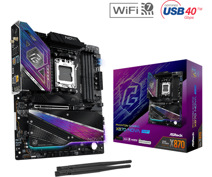 ASRock X870 NOVA gaming motherboard with box, featuring WiFi 7 and USB 40 Gbps.