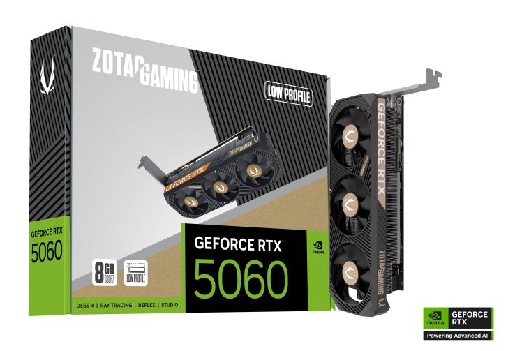 ZOTAC GAMING GeForce RTX 5060 graphics card with packaging, featuring low profile design.