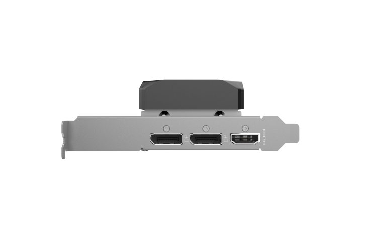Graphics card with dual DisplayPorts and HDMI, rear view on white background.