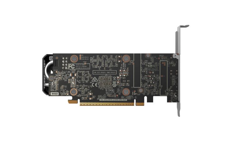Back view of a PCIe graphics card showing circuit board and connectors.
