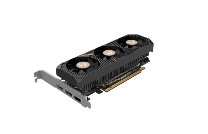 High-performance graphics card with triple-fan cooling system and multiple ports, angled view.