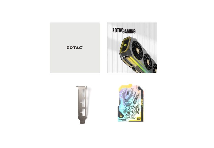ZOTAC Gaming graphics card packaging with card holder and promo card included.