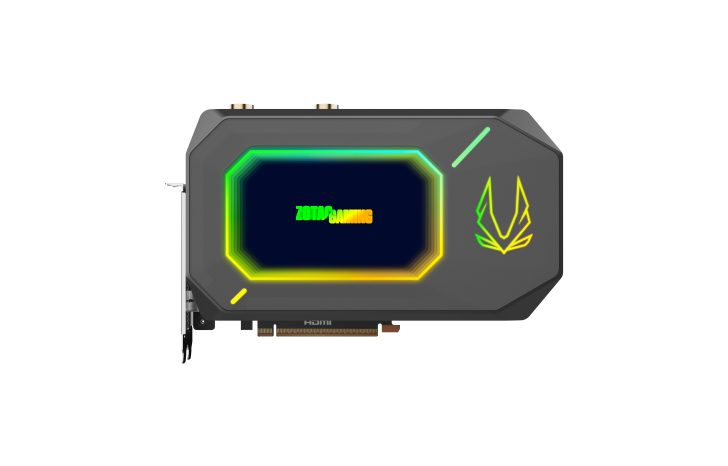 Zotac Gaming graphics card with RGB lighting and logo design, top view, black finish.