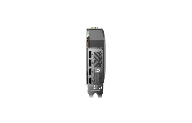 Side view of a graphics card with multiple HDMI ports, showcasing modern PC hardware design.