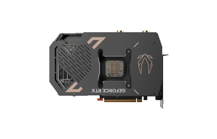 High-performance GeForce RTX graphics card, back view with sleek design and cooling system.