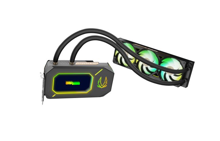 High-performance liquid-cooled graphics card with RGB fans for gaming and rendering.