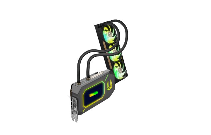 High-performance graphics card with advanced cooling solution and triple-fan radiator.