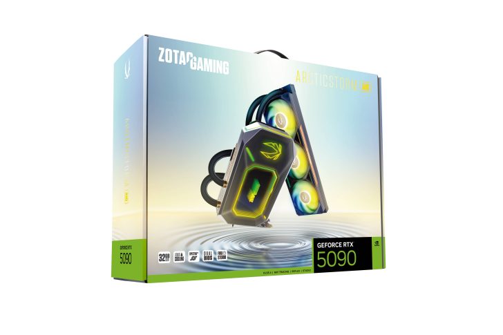 ZOTAC GeForce RTX 5090 ArcticStorm AIO graphics card box with advanced cooling features.
