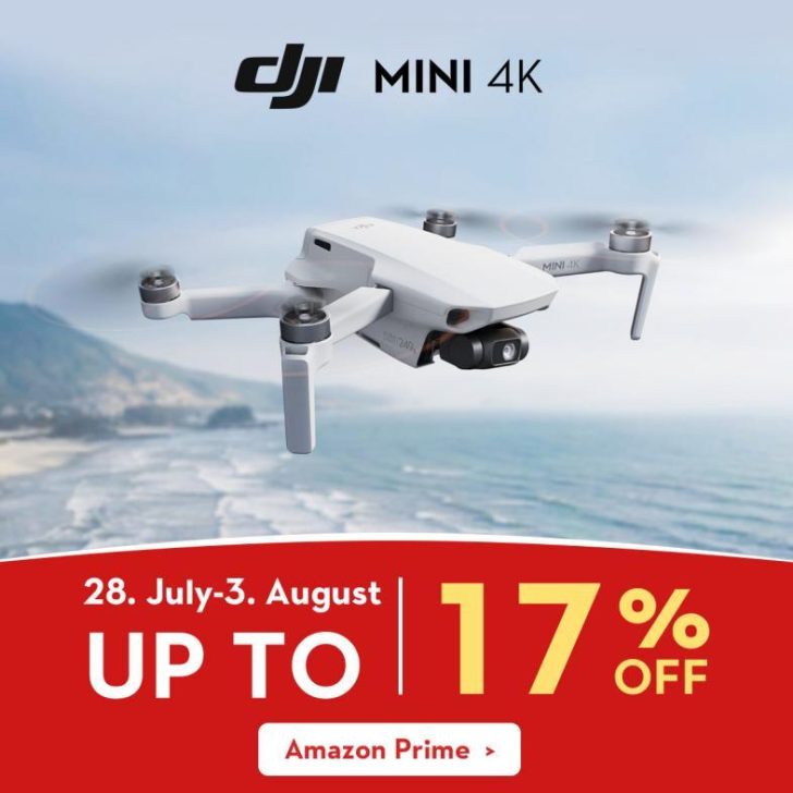 DJI Mini 4K drone flying over beach, July 28-August 3, up to 17% off with Amazon Prime offer.