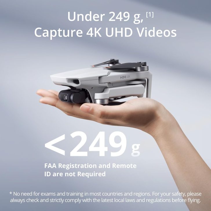Compact 4K drone under 249g in hand, no FAA registration needed, captures UHD videos.
