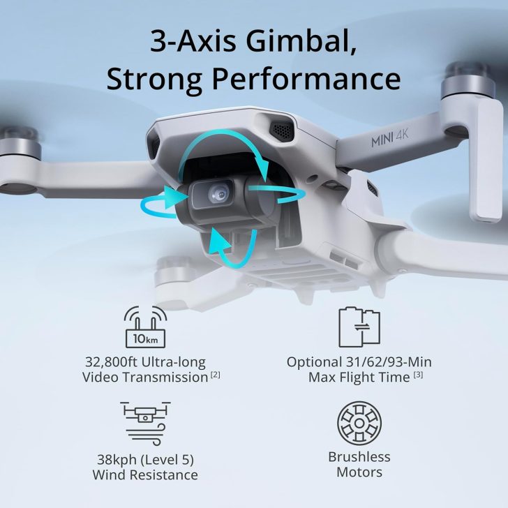 3-axis gimbal drone with 4K camera, long video transmission, and strong wind resistance.