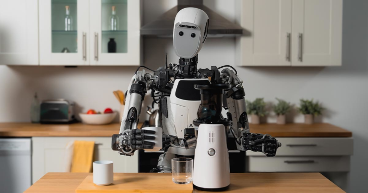 Robot making coffee in a modern kitchen with a coffee maker and mug.
