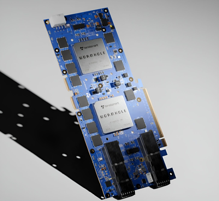 Blue circuit board featuring chips labeled WORMHOLE by Tenstorrent on a gray background.