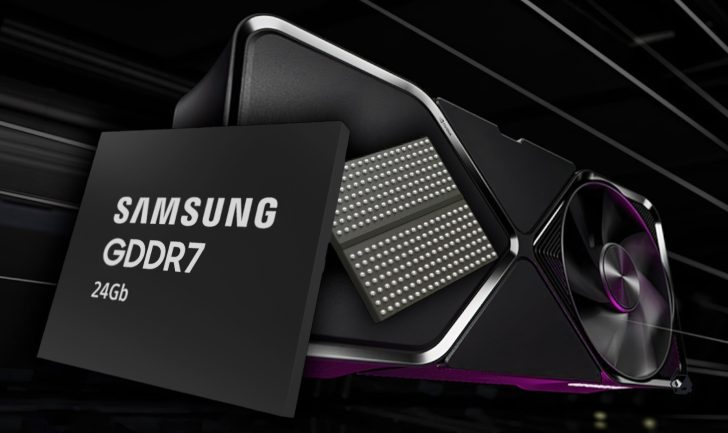 Samsung GDDR7 24Gb memory chips displayed with graphics card in a dark tech-themed setting.