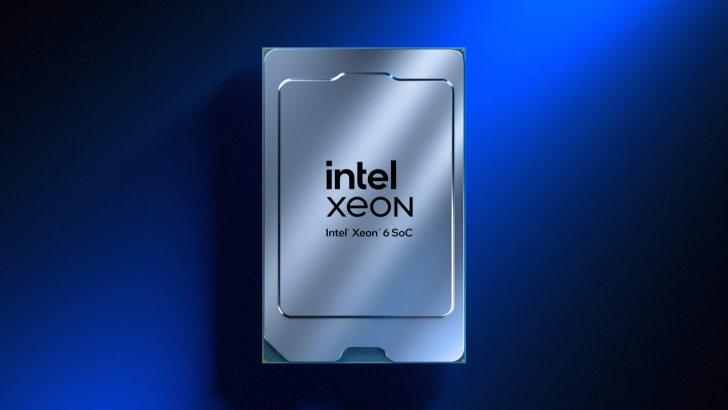 Intel Xeon 6 SoC processor on blue background, highlighting sleek design.