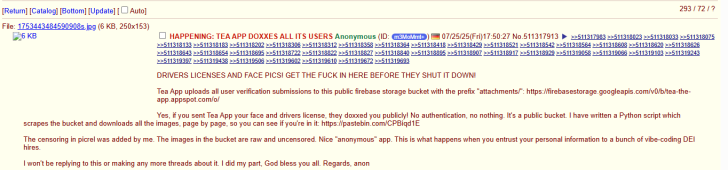 Alert about Tea App data leak exposing user verification details.