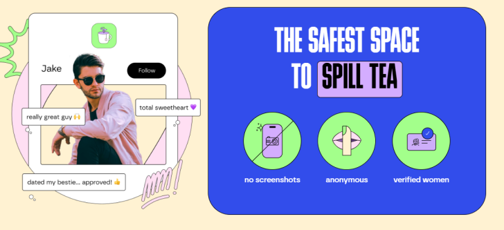Image promoting safe anonymous space for sharing insights, featuring reviews and features like no screenshots.