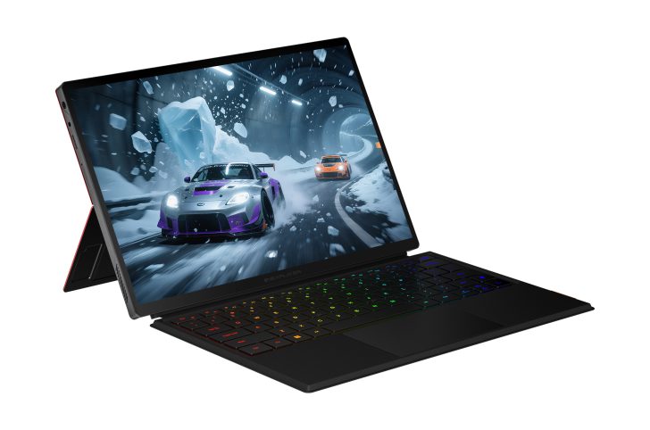 Gaming laptop with vibrant racing game on screen, featuring RGB keyboard and snowy track scene.