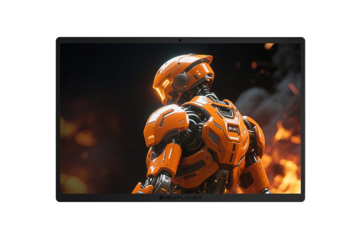 Futuristic orange robot on a screen with fiery background, showcasing advanced technology and design.