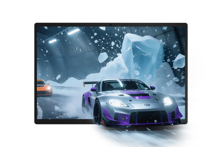 Racing cars speeding in a snowy tunnel, bursting through the screen for an immersive experience.