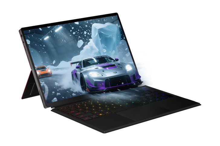 Gaming laptop displaying a high-speed racing game with vivid graphics.
