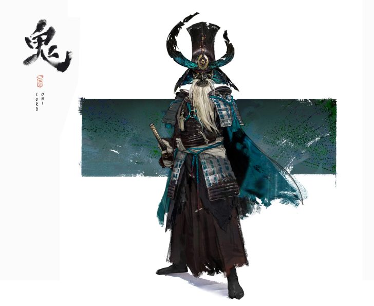 Samurai in ornate armor with elaborate helmet and traditional sword, standing against abstract background.