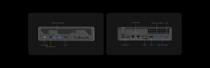 Mini PC ports: USB, HDMI, power button, audio jack, SFP+, RJ45, USB-C, DC 19V, 10Gbps connection.