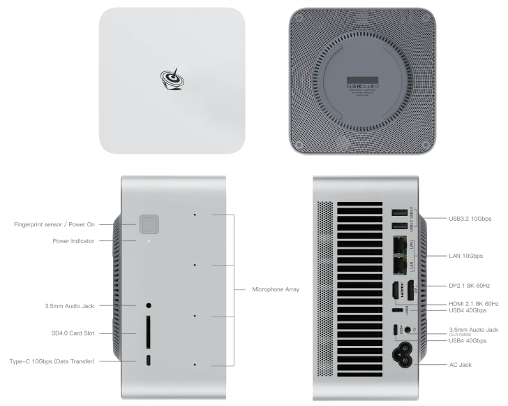 Compact grey mini PC with multiple ports and vent design, top and side views shown.