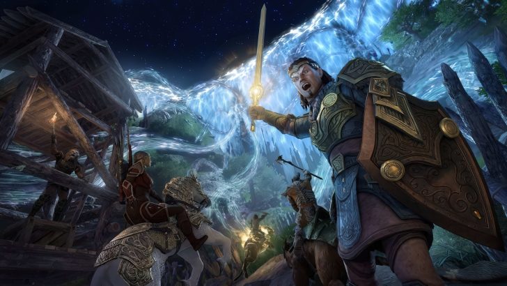 A warrior holding a glowing sword leads others on horseback under a starry sky.