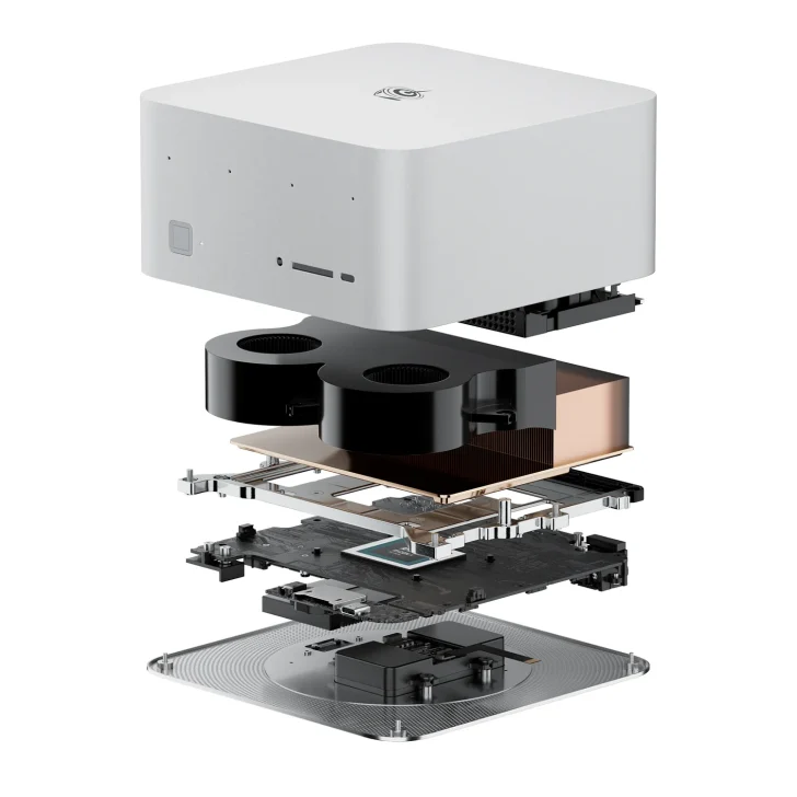 Exploded view of computer components showcasing internal design and structure.