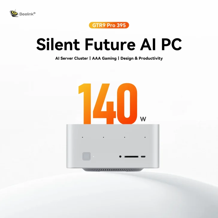 Beelink GTR9 Pro 395 AI PC, 140W power, ideal for gaming, design, and productivity.