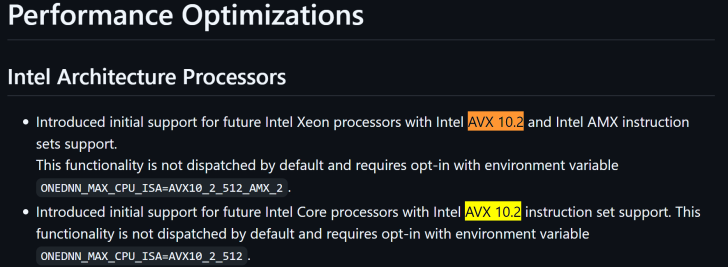 Intel AVX 10.2 support details for Xeon and Core processors, requires environment variable opt-in.