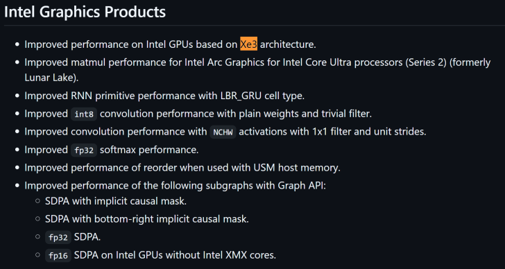 Intel Graphics updates: Improved performance on Xe3 architecture, RNN, convolution, and softmax.
