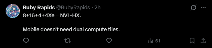 Tweet discussing NVL-HX specs and mobile computing efficiency.