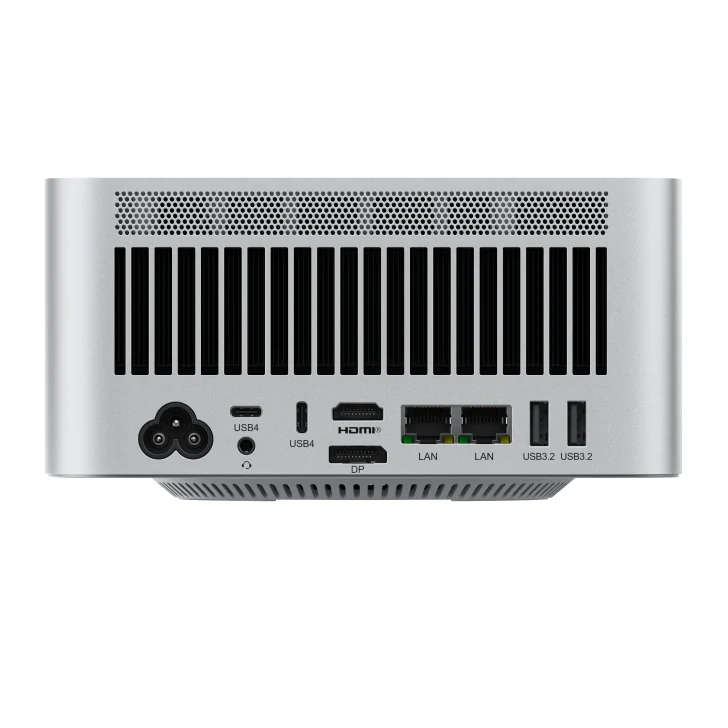 Back panel of compact desktop PC with USB, HDMI, LAN ports for versatile connectivity.