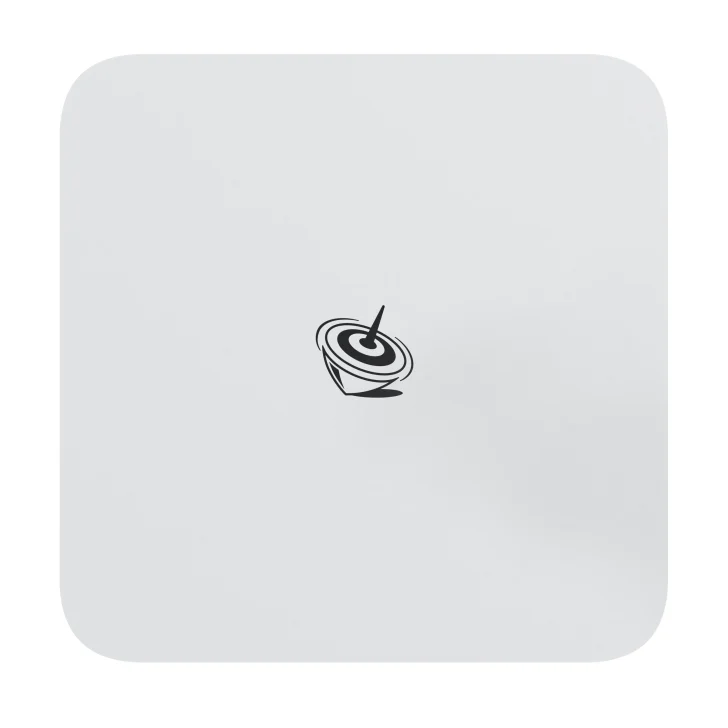 White square Wi-Fi router with a circular symbol, minimalistic design, isolated on a white background.