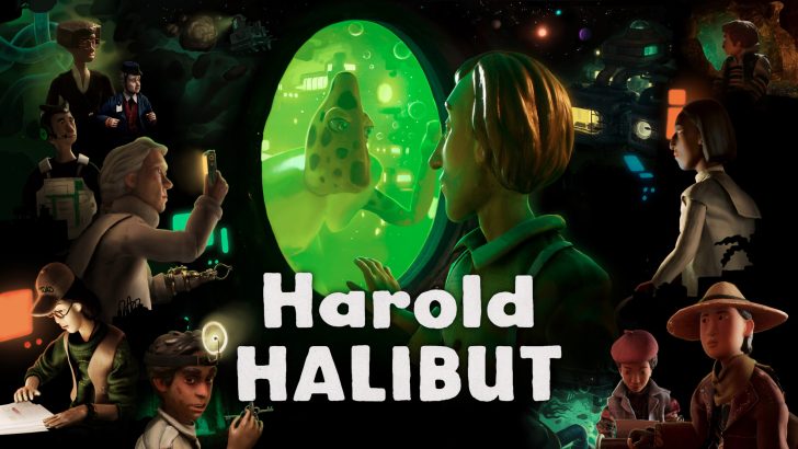 Harold Halibut video game artwork featuring diverse characters and a green underwater scene.