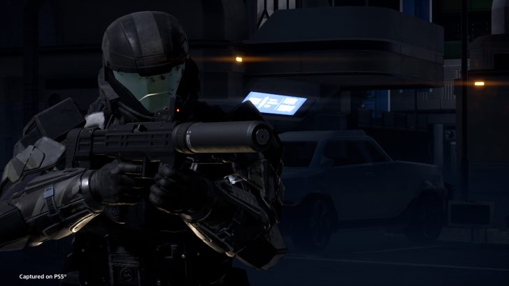 Futuristic soldier in armor holding a weapon in a nighttime urban setting.
