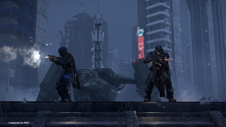Futuristic soldiers in a rainy cityscape, wielding weapons with neon lights in the background.