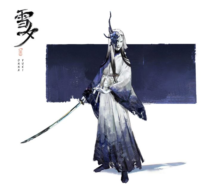 Mystical warrior in traditional attire wielding a katana, surrounded by blue and white hues.