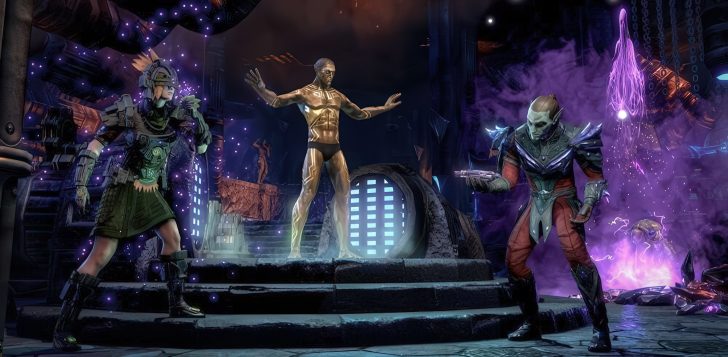 Fantasy characters in ornate costumes stand in a mystical, glowing chamber with ethereal purple smoke.