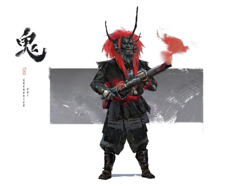 Samurai with red hair and horned helmet holding a grenade launcher, artistic concept.