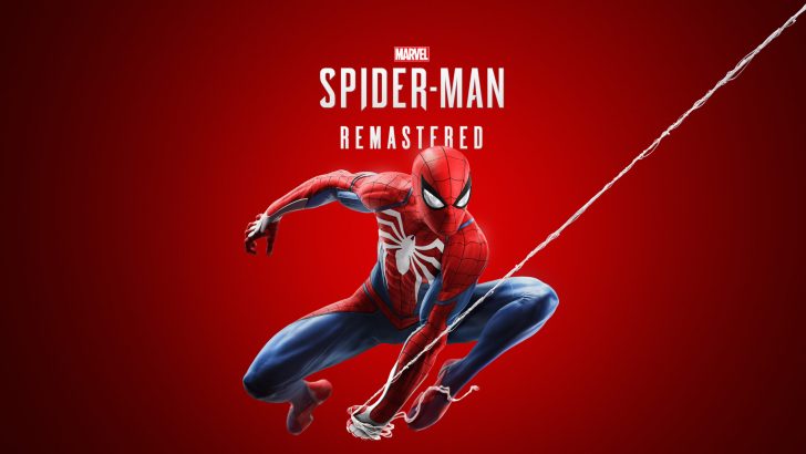 Spider-Man swinging on web, red backdrop, Marvel Spider-Man Remastered text.