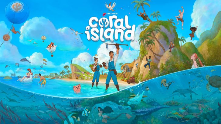 Colorful Coral Island game scene with characters and ocean wildlife, featuring farming and adventure.