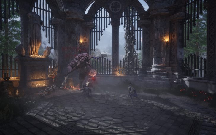 Fantasy battle inside a ruined temple with glowing candles and ominous statues.