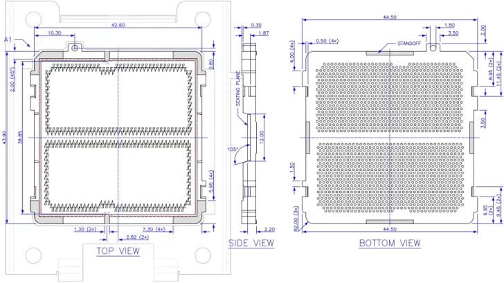 Technical diagram of a CPU socket showing top, side, and bottom views with detailed measurements.