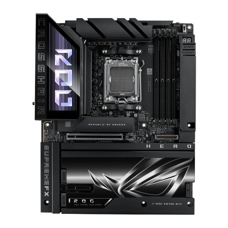 ROG X670E gaming motherboard with AM5 socket features sleek design and advanced cooling.