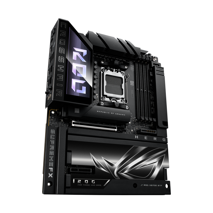 Gaming motherboard with RGB lighting and advanced cooling features, optimized for performance.