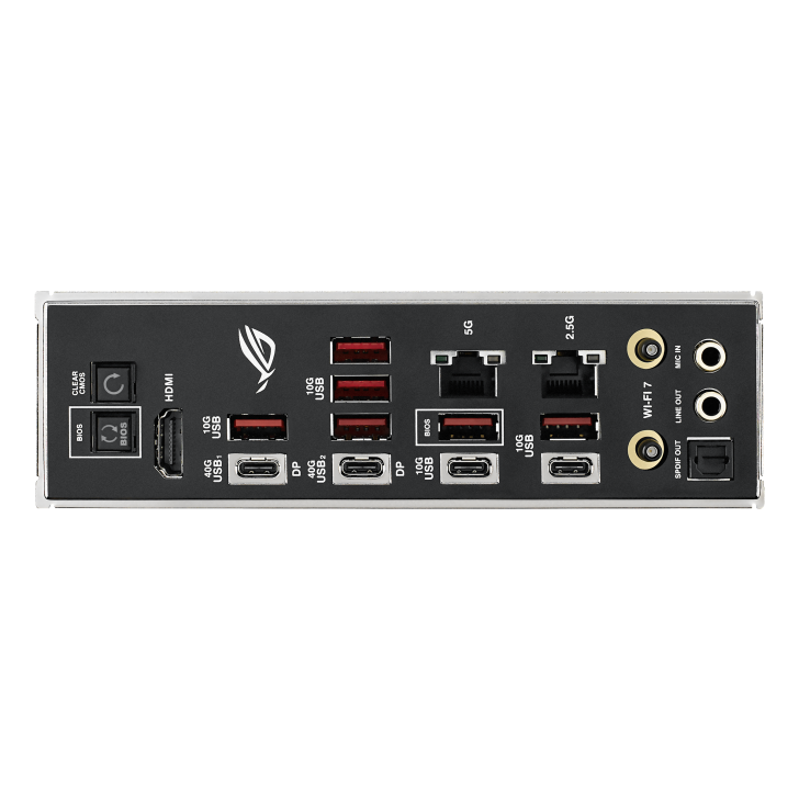 Rear panel with multiple USB, HDMI, Ethernet, and audio ports for motherboard connectivity.